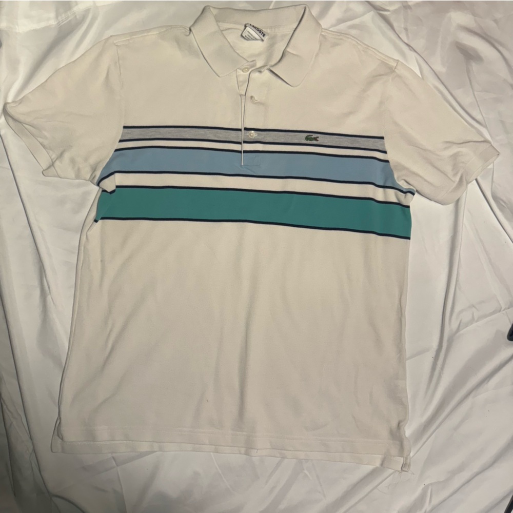 Lacoste Men's Polo Shirt in White with Blue and Green Stripes